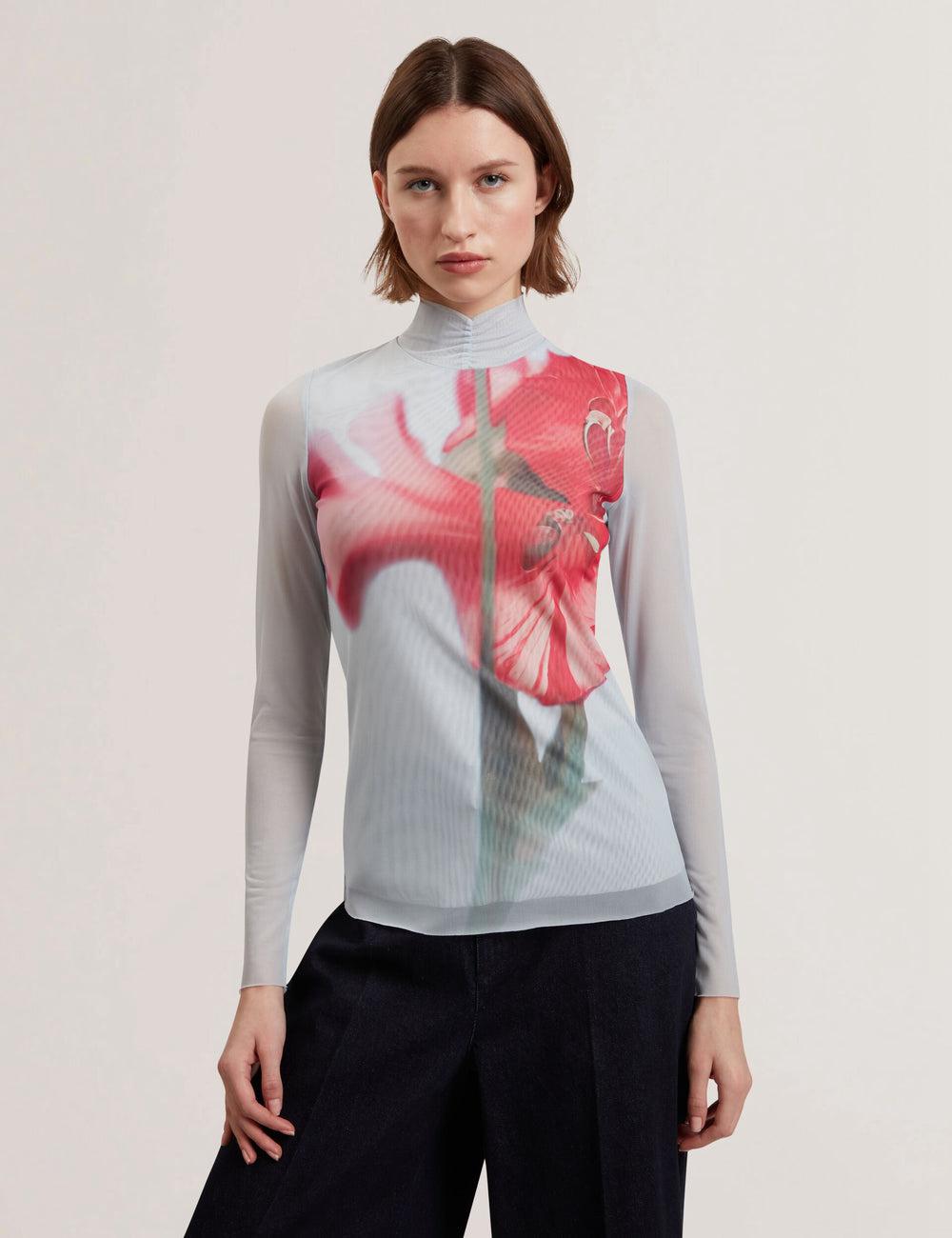 Hauts Ted Baker PIPYA - Floral High Neck Long Sleeve Mesh Femme Bleu | Paris  37125-HEOT