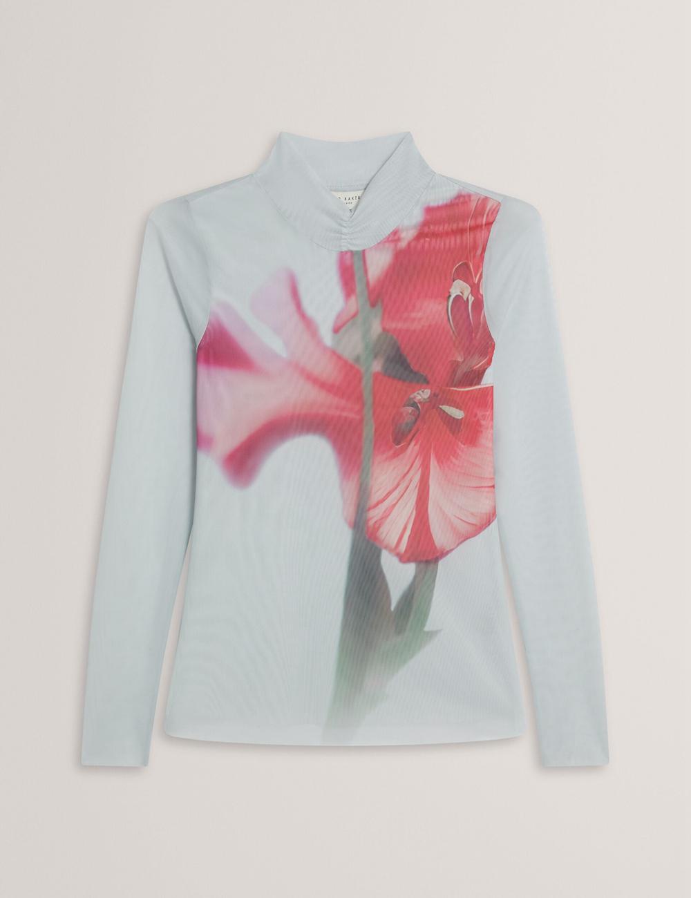 Hauts Ted Baker PIPYA - Floral High Neck Long Sleeve Mesh Femme Bleu | Paris  37125-HEOT