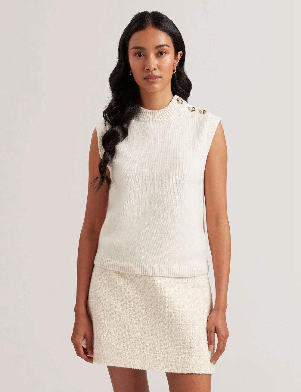 Hauts Ted Baker RONDHER - Rose Button Wool Knit Femme Ivory | Paris  10697-MKDW