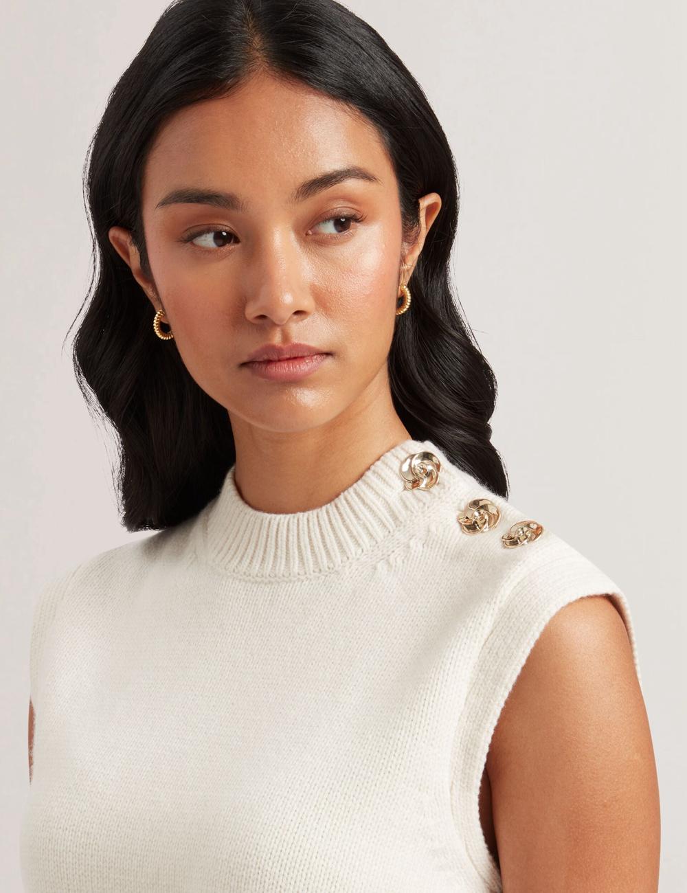 Hauts Ted Baker RONDHER - Rose Button Wool Knit Femme Ivory | Paris  10697-MKDW