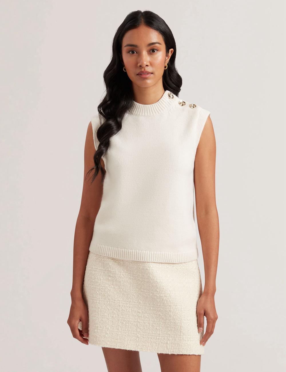 Hauts Ted Baker RONDHER - Rose Button Wool Knit Femme Ivory | Paris  10697-MKDW