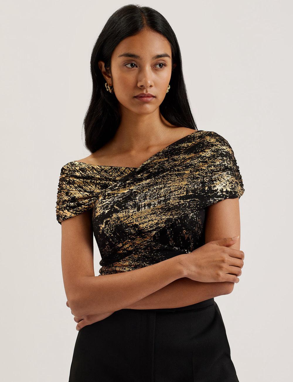 Hauts Ted Baker TALULAR - Bardot Foil Printed Mesh Femme Noir | Paris  70438-SCUO