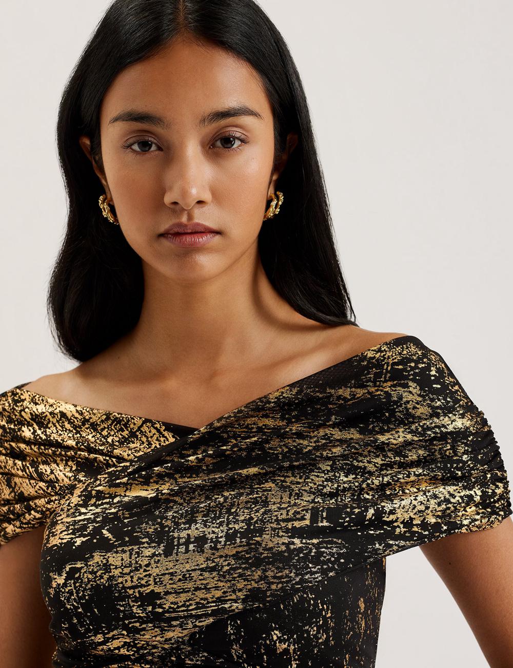 Hauts Ted Baker TALULAR - Bardot Foil Printed Mesh Femme Noir | Paris  70438-SCUO