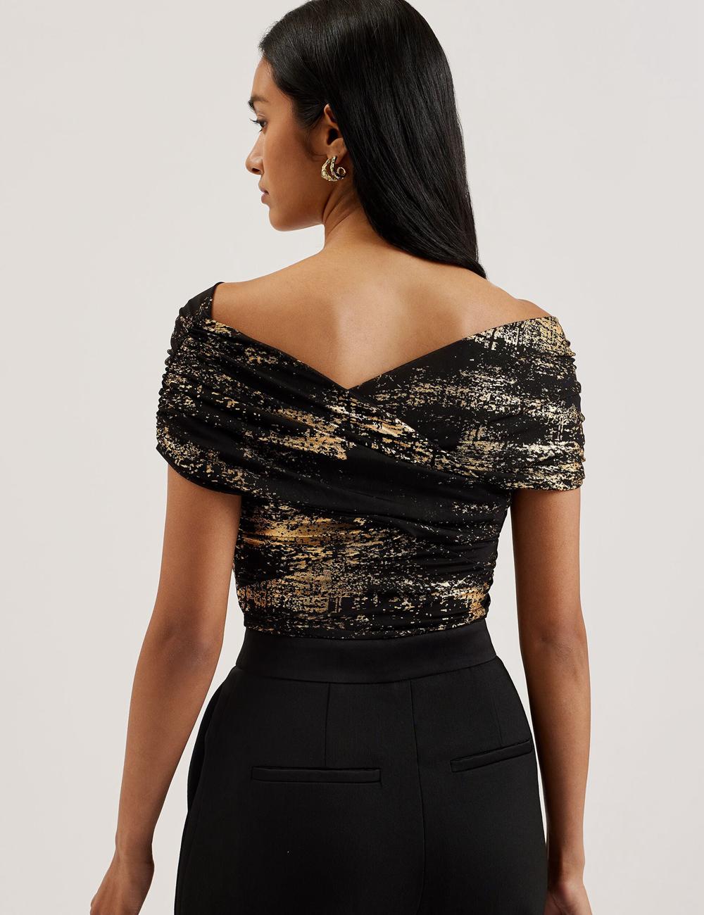 Hauts Ted Baker TALULAR - Bardot Foil Printed Mesh Femme Noir | Paris  70438-SCUO