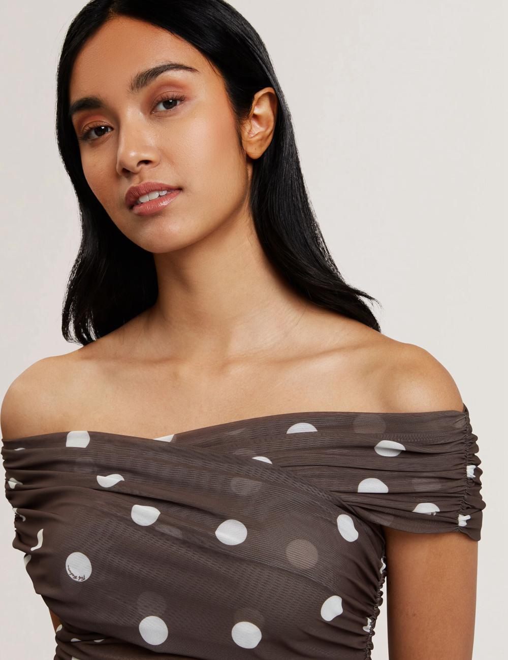 Hauts Ted Baker ZAAMO - Off-the-Shoulder Polka Dot Mesh Femme Marron | Paris  27609-BQAJ
