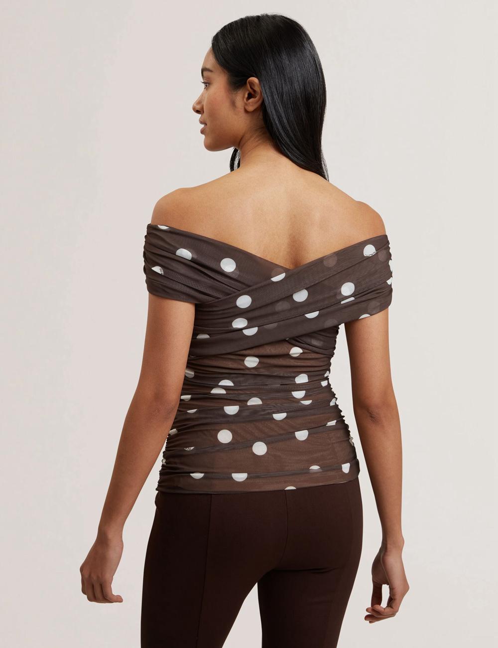 Hauts Ted Baker ZAAMO - Off-the-Shoulder Polka Dot Mesh Femme Marron | Paris  27609-BQAJ