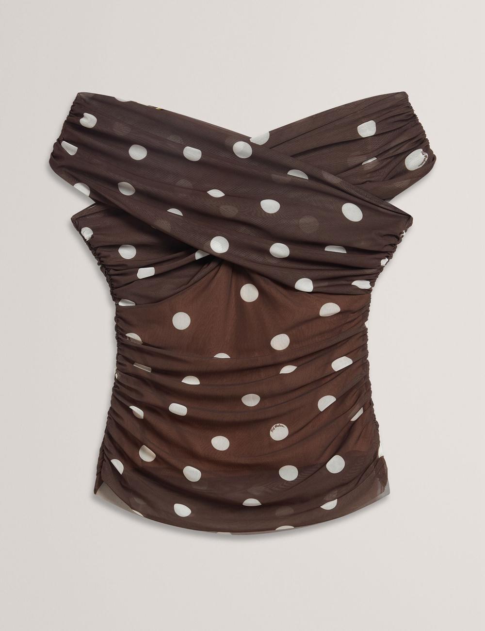 Hauts Ted Baker ZAAMO - Off-the-Shoulder Polka Dot Mesh Femme Marron | Paris  27609-BQAJ