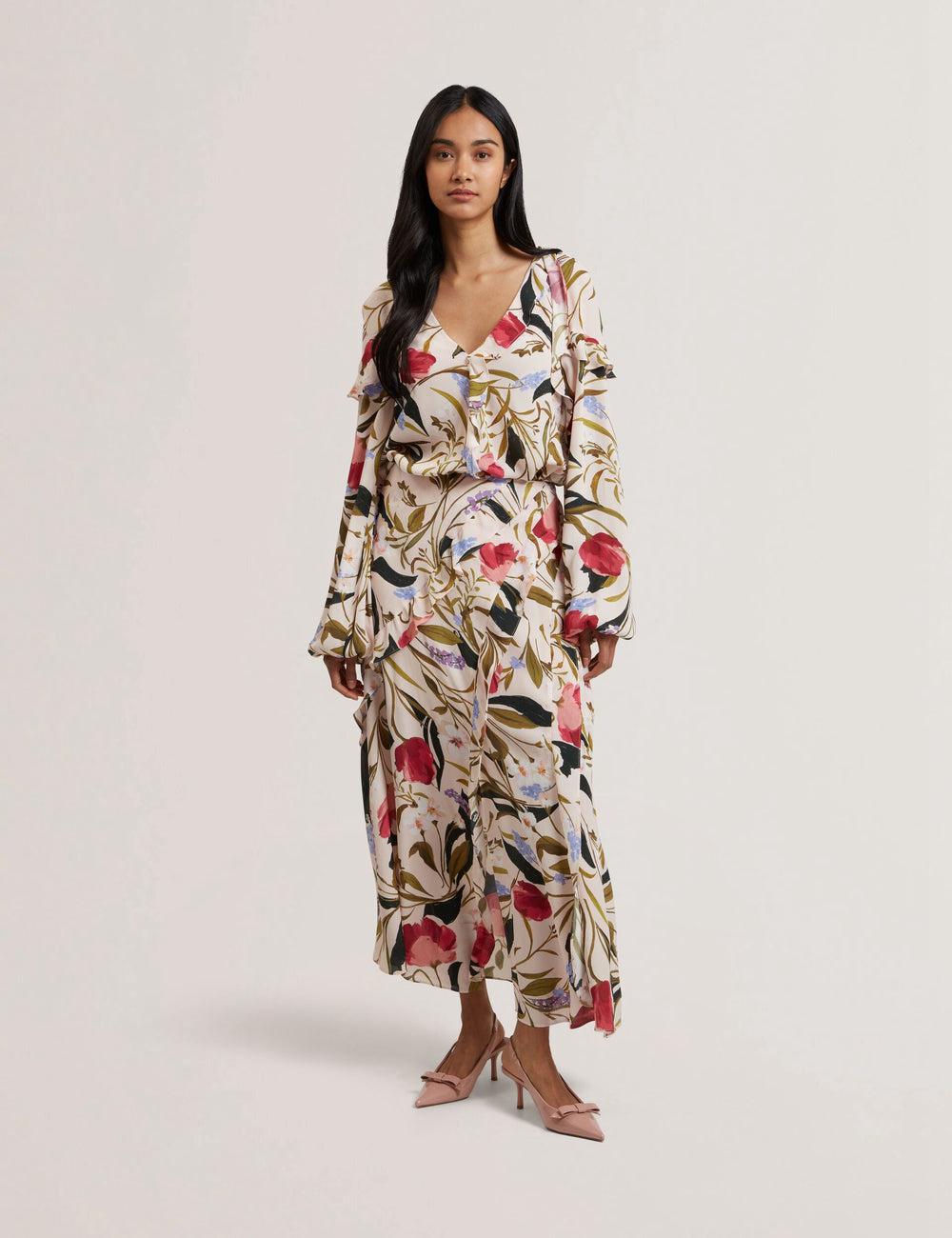 Jupes Ted Baker CANDICI - Floral Print Frill Trim With Split Femme Rose | Paris  96745-TFSJ