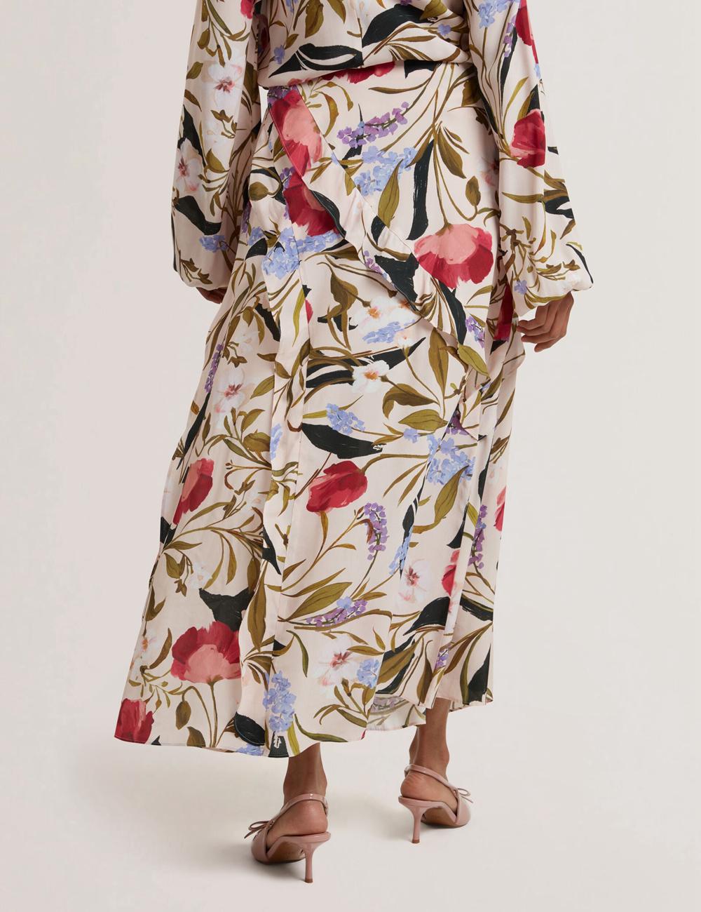 Jupes Ted Baker CANDICI - Floral Print Frill Trim With Split Femme Rose | Paris  96745-TFSJ