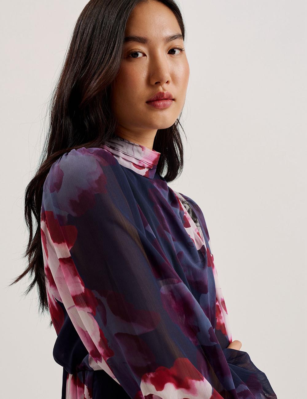 Mini Robe Ted Baker ARACELY - Floral High Neck Long Sleeve Femme Bleu Marine | Paris  81927-HUXK