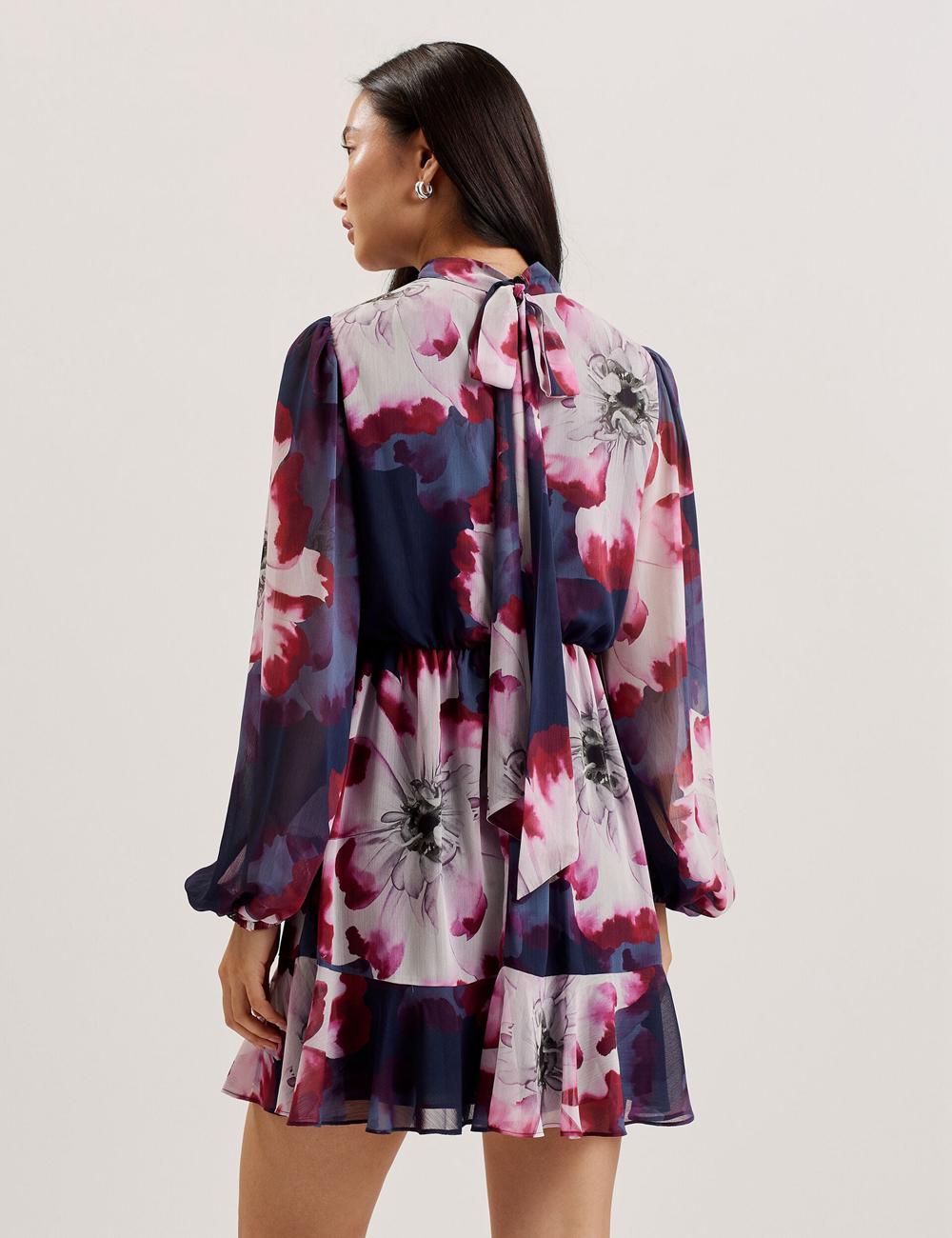 Mini Robe Ted Baker ARACELY - Floral High Neck Long Sleeve Femme Bleu Marine | Paris  81927-HUXK