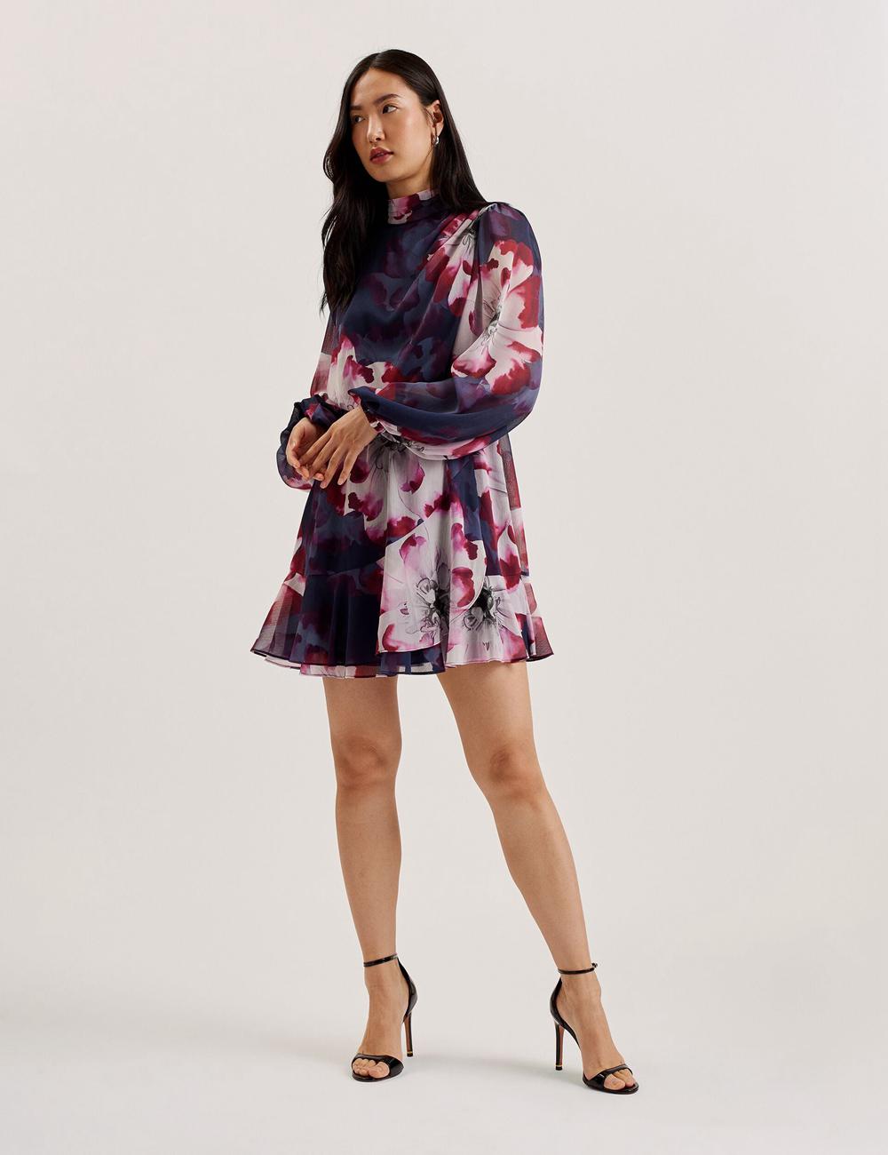 Mini Robe Ted Baker ARACELY - Floral High Neck Long Sleeve Femme Bleu Marine | Paris  81927-HUXK
