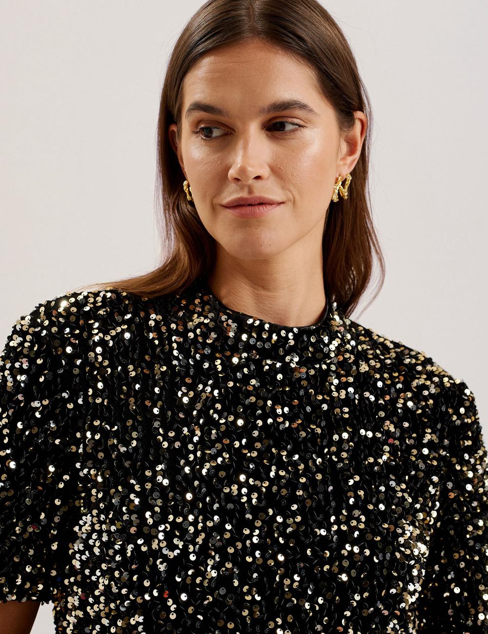 Mini Robe Ted Baker AUDRIYY - Sequin Embellished Velvet Shift Femme Noir | Paris  76429-JMYI