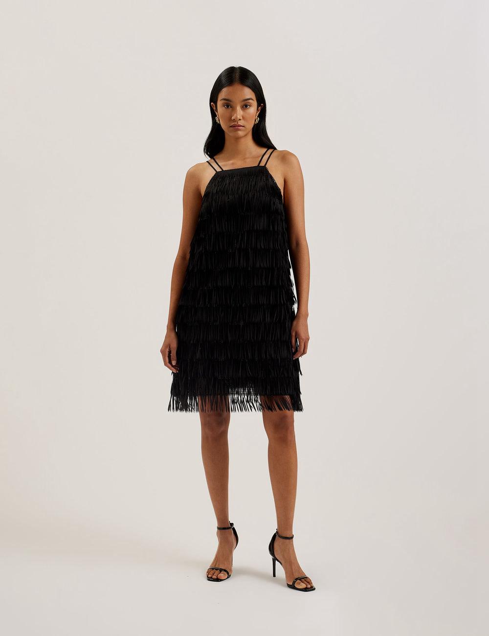 Mini Robe Ted Baker BARTIN - Fringed Sequin Halter Strap Femme Noir | Paris  28195-MEOL