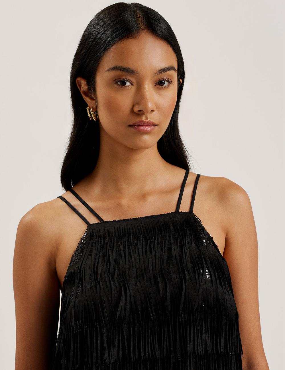Mini Robe Ted Baker BARTIN - Fringed Sequin Halter Strap Femme Noir | Paris  28195-MEOL