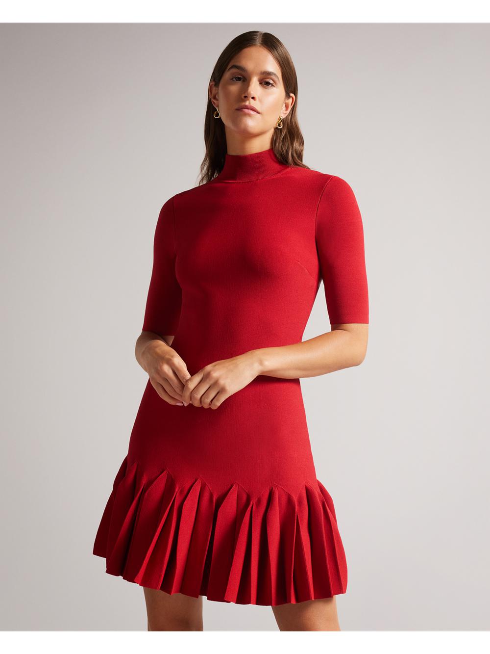 Mini Robe Ted Baker CANDDY - Pleated Hem Bodycon Knit Femme Rouge | Paris  69182-BXOJ