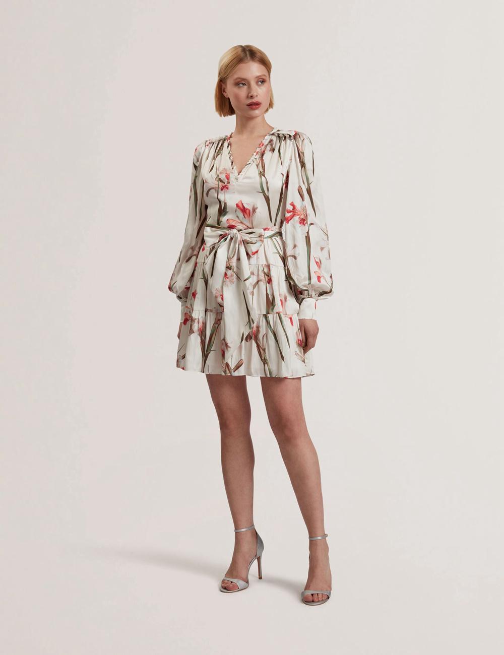 Mini Robe Ted Baker CUIABA - Floral V-Neck Waist Femme Ivory | Paris  70386-PHVO