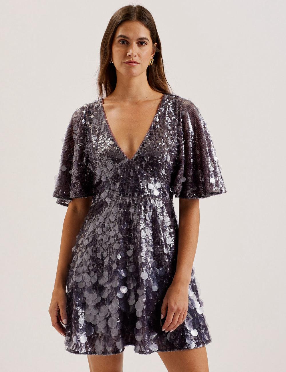 Mini Robe Ted Baker ELISONA - Sequin V-Neck Cape Sleeve Femme Grise | Paris  65807-UGME