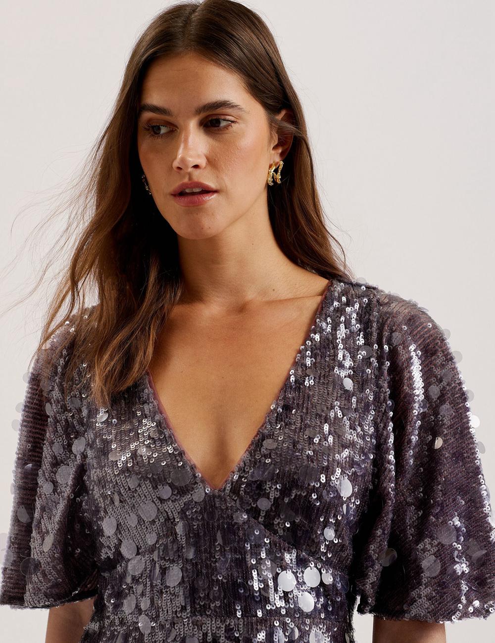 Mini Robe Ted Baker ELISONA - Sequin V-Neck Cape Sleeve Femme Grise | Paris  65807-UGME