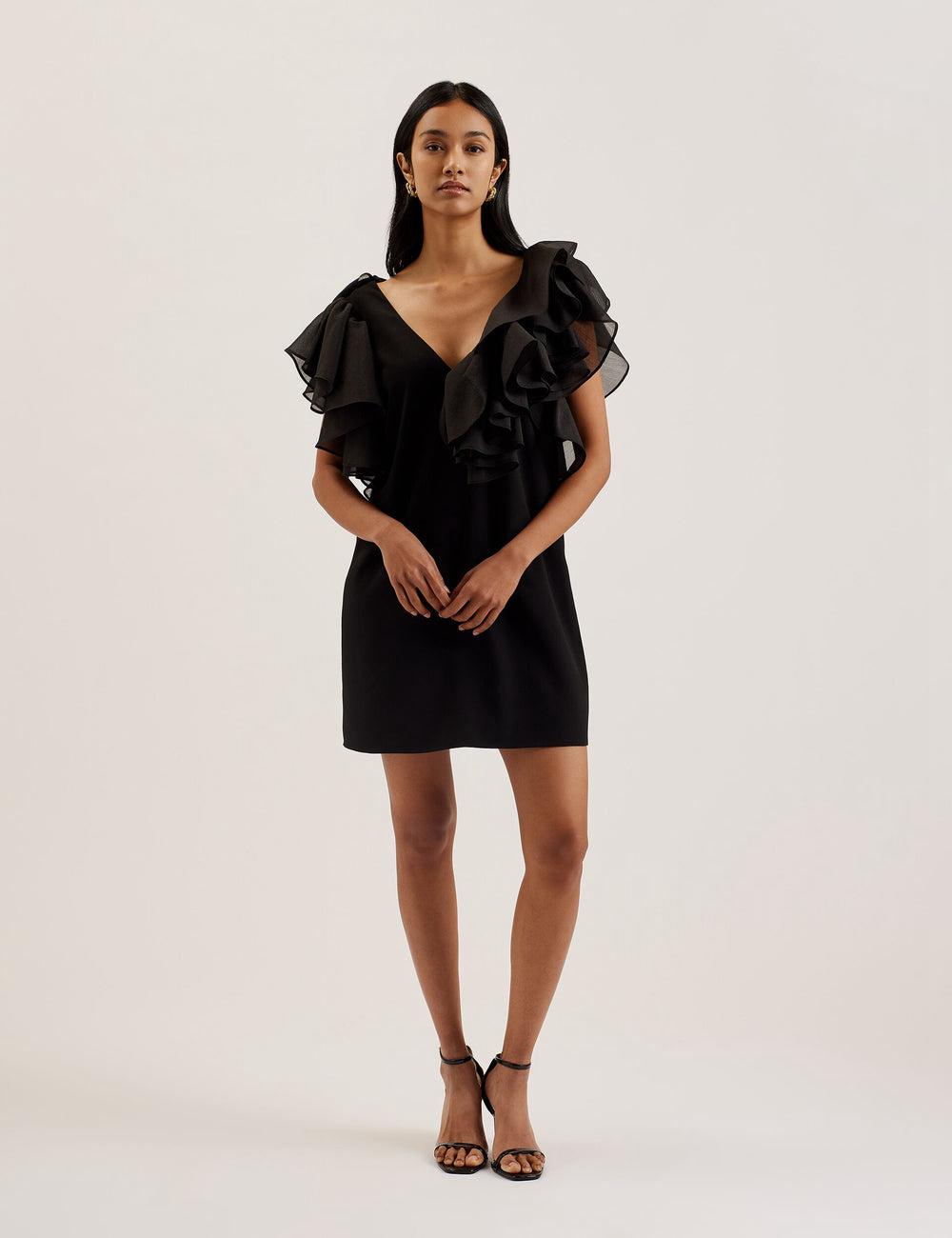Mini Robe Ted Baker ELQUI - Oversized Ruffle Trim V-Neck Femme Noir | Paris  82073-XBKQ