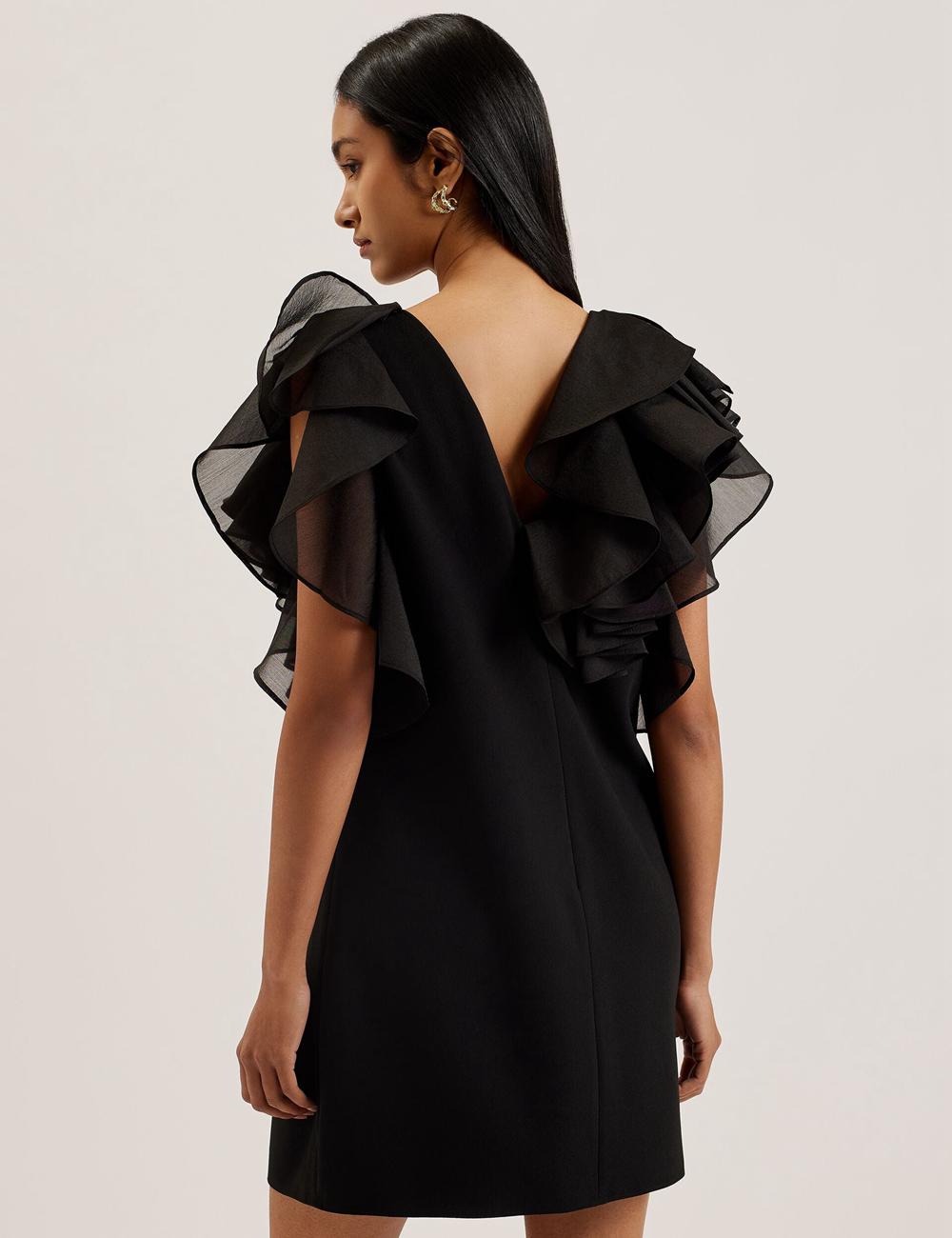 Mini Robe Ted Baker ELQUI - Oversized Ruffle Trim V-Neck Femme Noir | Paris  82073-XBKQ