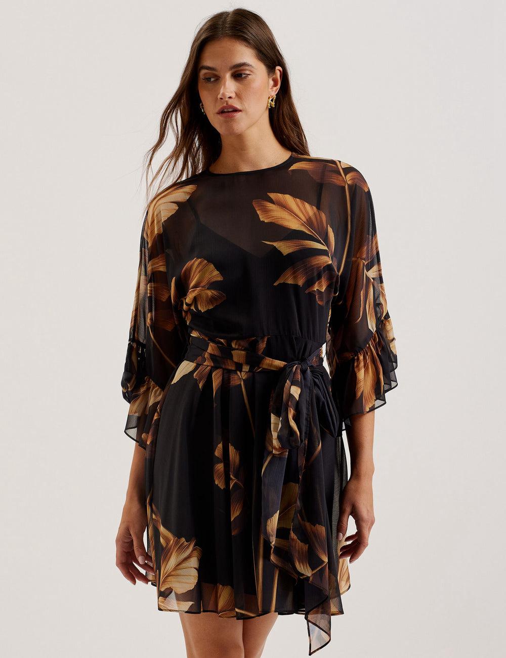 Mini Robe Ted Baker ELSTER - Printed Chiffon With Waist Femme Noir | Paris  03516-GTKC