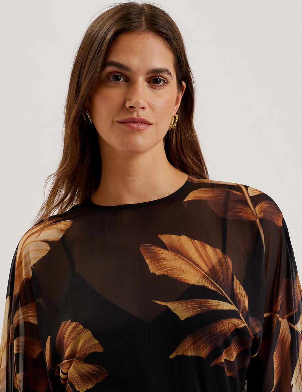 Mini Robe Ted Baker ELSTER - Printed Chiffon With Waist Femme Noir | Paris  03516-GTKC