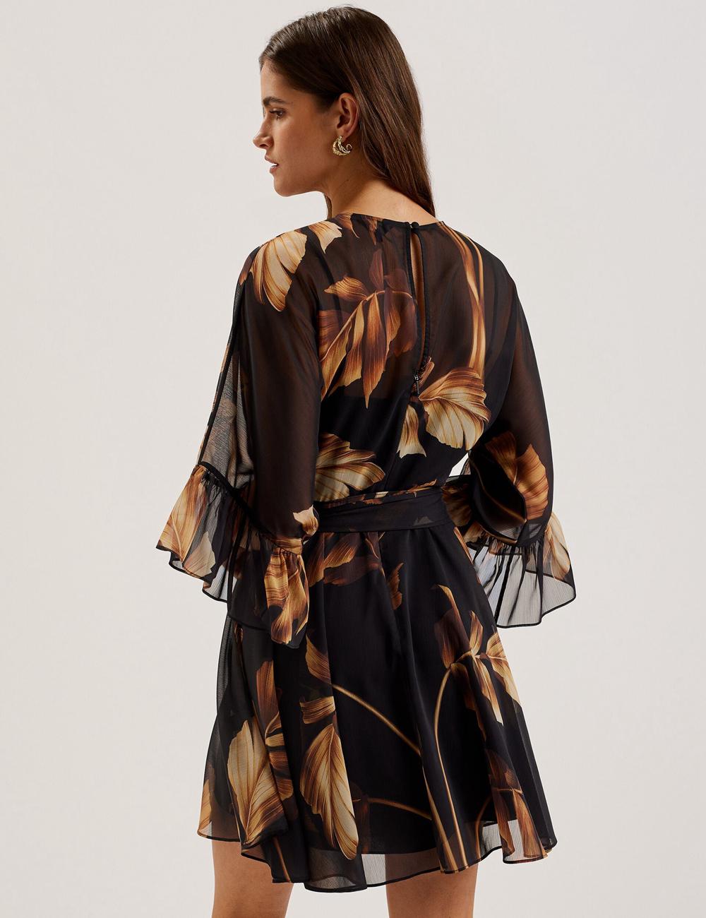 Mini Robe Ted Baker ELSTER - Printed Chiffon With Waist Femme Noir | Paris  03516-GTKC