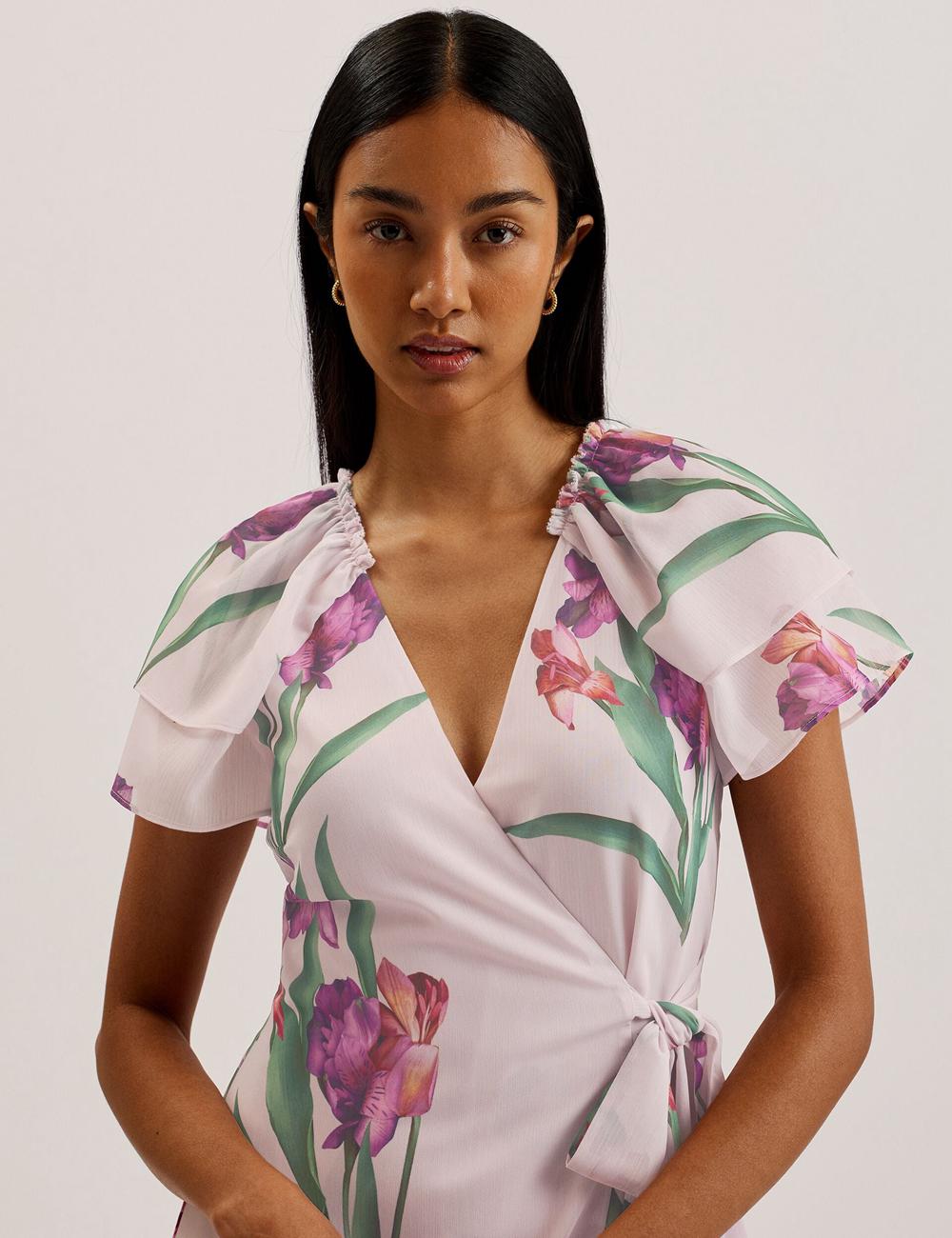 Mini Robe Ted Baker FASNIA - Floral Angel Sleeve Wrap Femme Rose | Paris  50683-HJQU