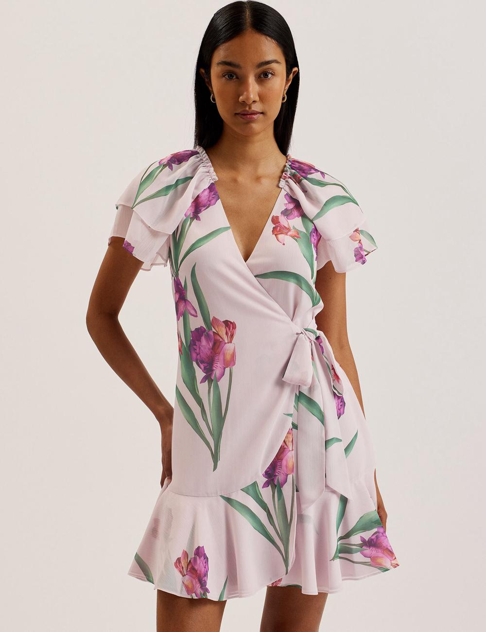 Mini Robe Ted Baker FASNIA - Floral Angel Sleeve Wrap Femme Rose | Paris  50683-HJQU