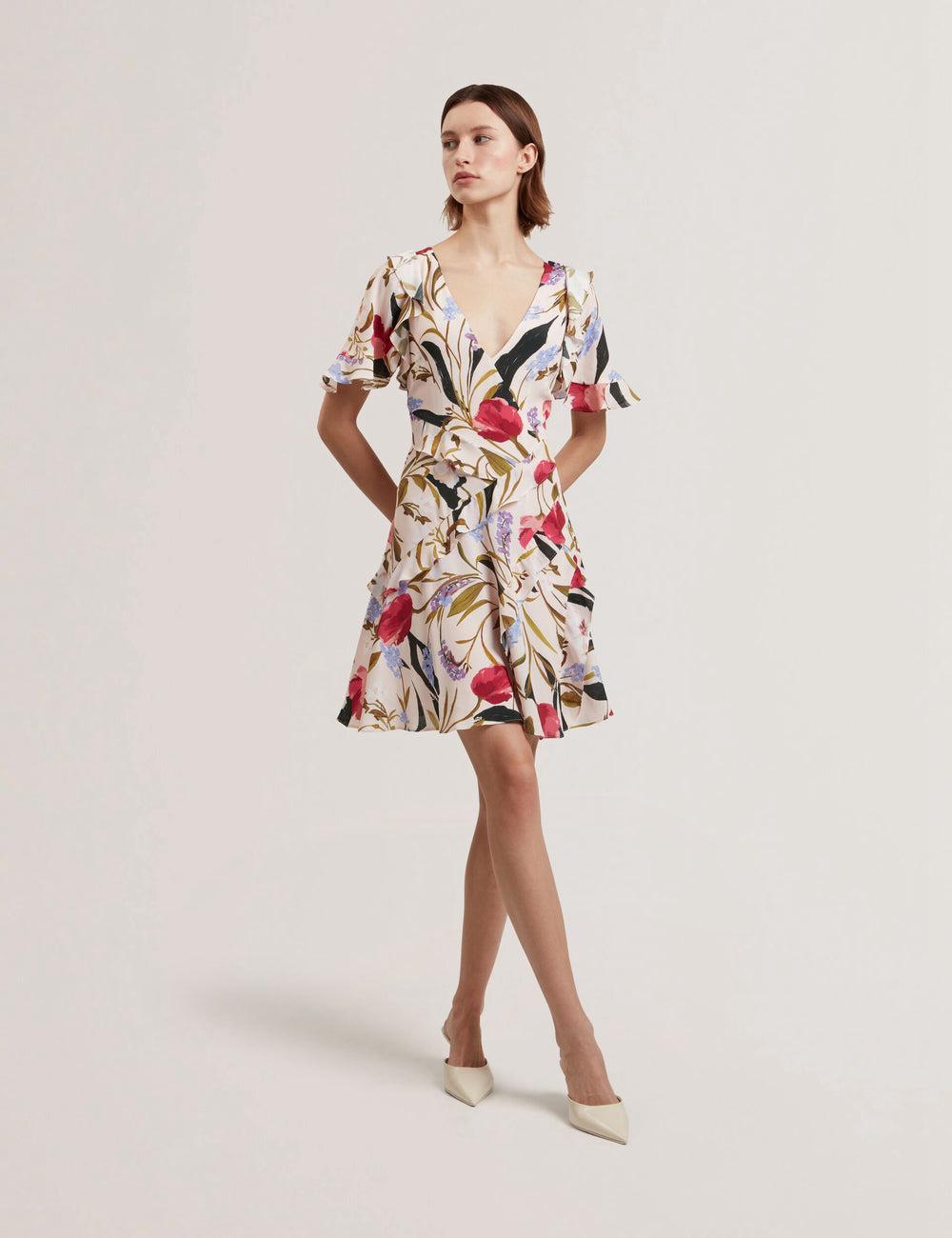 Mini Robe Ted Baker ISSIIA - Frill Trim Floral Short Sleeve Femme Rose | Paris  47632-HGBM