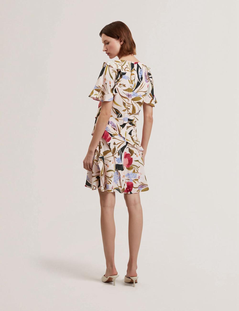 Mini Robe Ted Baker ISSIIA - Frill Trim Floral Short Sleeve Femme Rose | Paris  47632-HGBM