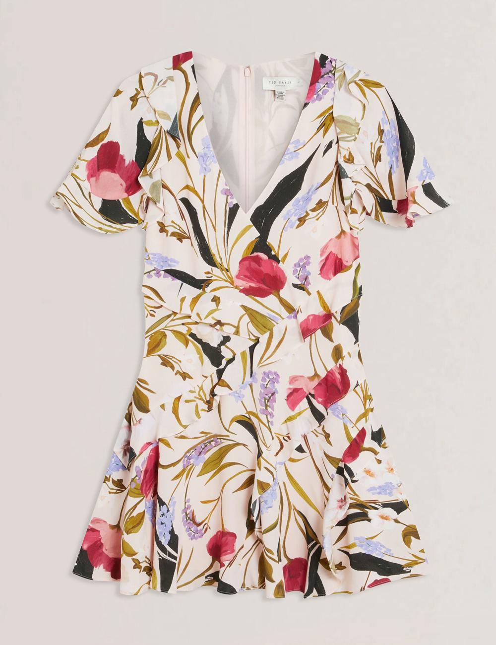 Mini Robe Ted Baker ISSIIA - Frill Trim Floral Short Sleeve Femme Rose | Paris  47632-HGBM