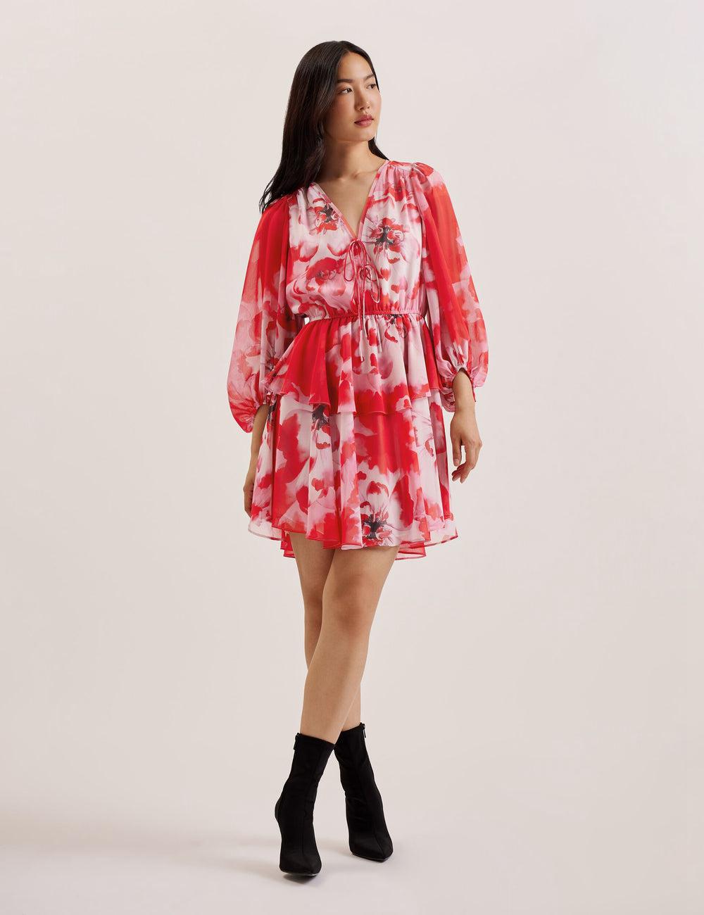 Mini Robe Ted Baker LEYNA - Floral Chiffon Front Femme Rouge | Paris  24698-BHUY