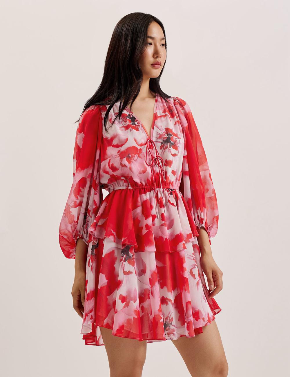 Mini Robe Ted Baker LEYNA - Floral Chiffon Front Femme Rouge | Paris  24698-BHUY