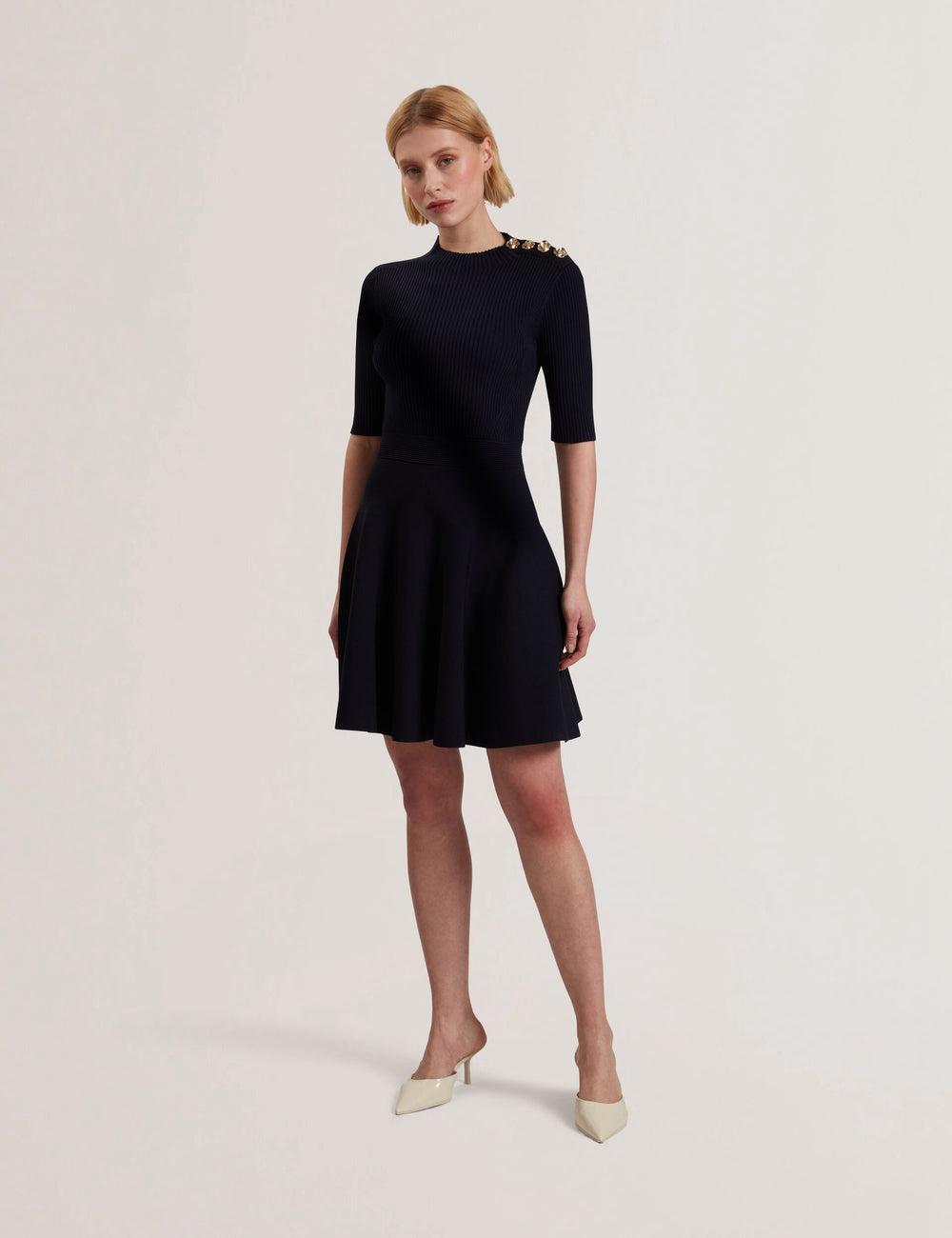 Mini Robe Ted Baker LILANO - Ribbed Knit Skater With Rose Buttons Femme Bleu Marine | Paris  63529-OGSM