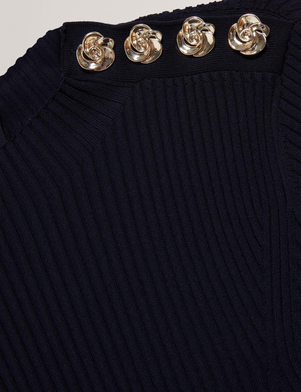 Mini Robe Ted Baker LILANO - Ribbed Knit Skater With Rose Buttons Femme Bleu Marine | Paris  63529-OGSM