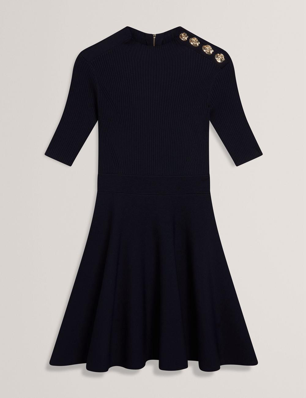 Mini Robe Ted Baker LILANO - Ribbed Knit Skater With Rose Buttons Femme Bleu Marine | Paris  63529-OGSM