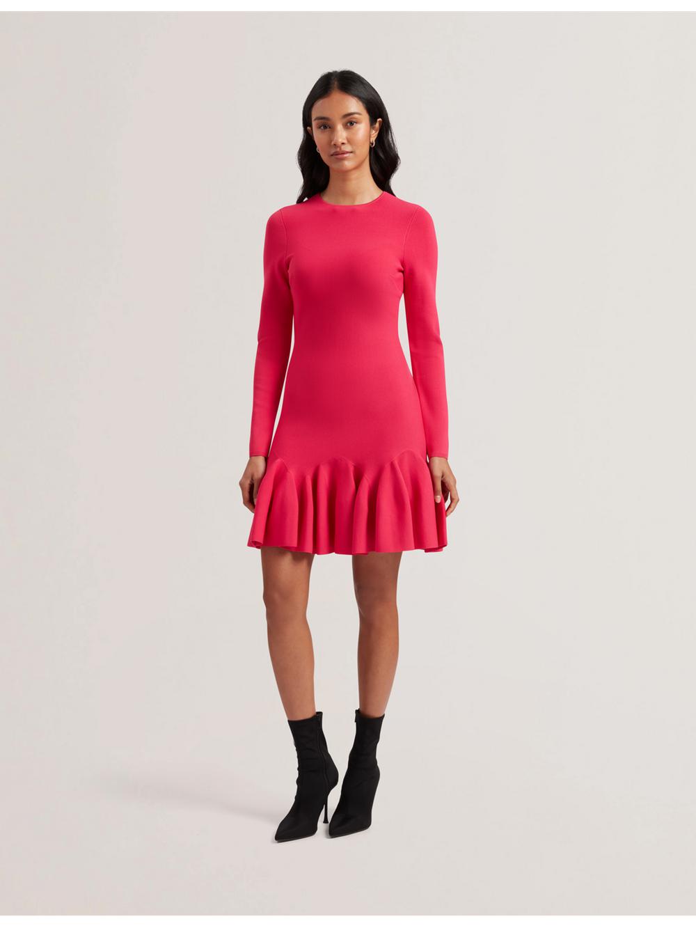 Mini Robe Ted Baker LOISSS - Flounce Hem Long Sleeve Knitted Femme Fushia | Paris  39768-WECM
