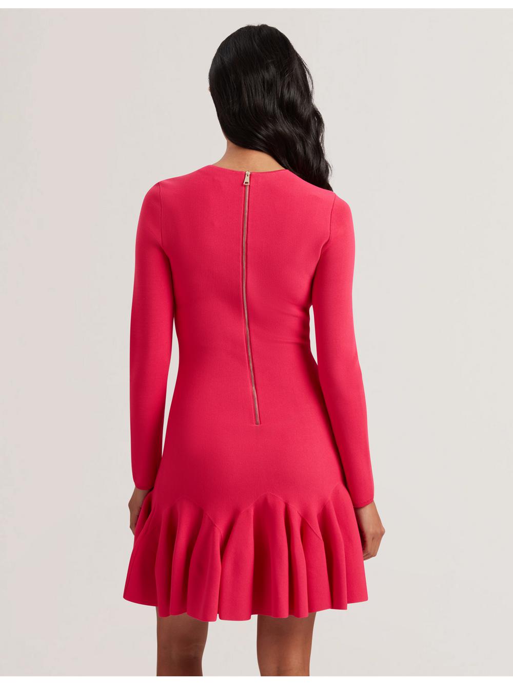 Mini Robe Ted Baker LOISSS - Flounce Hem Long Sleeve Knitted Femme Fushia | Paris  39768-WECM