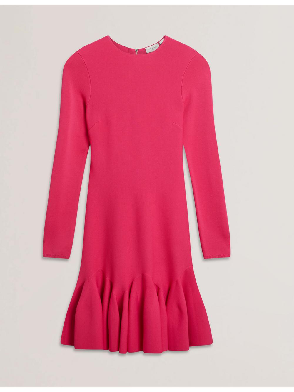 Mini Robe Ted Baker LOISSS - Flounce Hem Long Sleeve Knitted Femme Fushia | Paris  39768-WECM