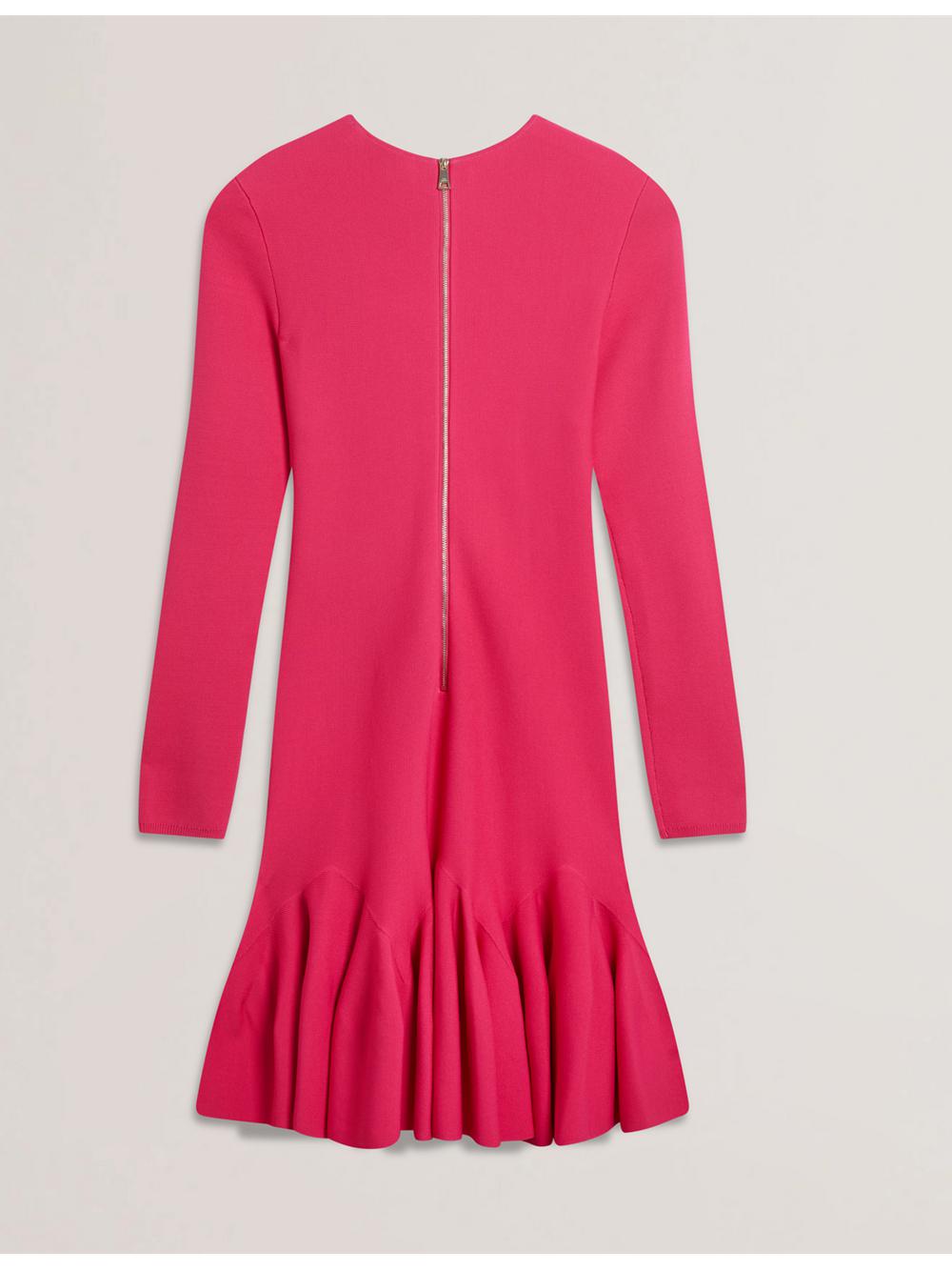 Mini Robe Ted Baker LOISSS - Flounce Hem Long Sleeve Knitted Femme Fushia | Paris  39768-WECM
