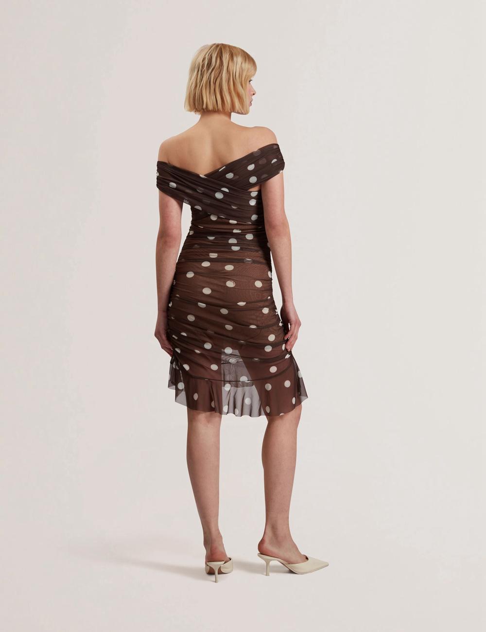 Mini Robe Ted Baker TILDAHH - Off-Shoulder Polka Dot Mesh Femme Marron | Paris  90378-JCIG