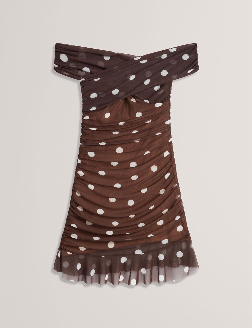 Mini Robe Ted Baker TILDAHH - Off-Shoulder Polka Dot Mesh Femme Marron | Paris  90378-JCIG