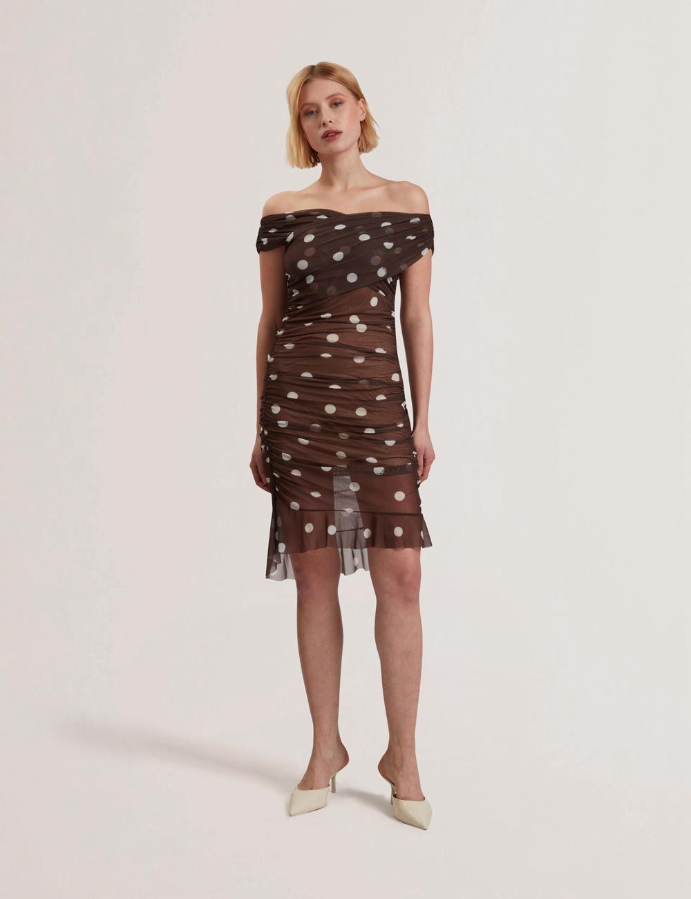 Mini Robe Ted Baker TILDAHH - Off-Shoulder Polka Dot Mesh Femme Marron | Paris  90378-JCIG