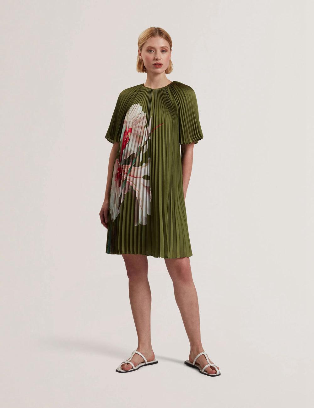 Mini Robe Ted Baker VINLAA - Floral Graphic Pleated Satin Femme Vert | Paris  12697-PGFT