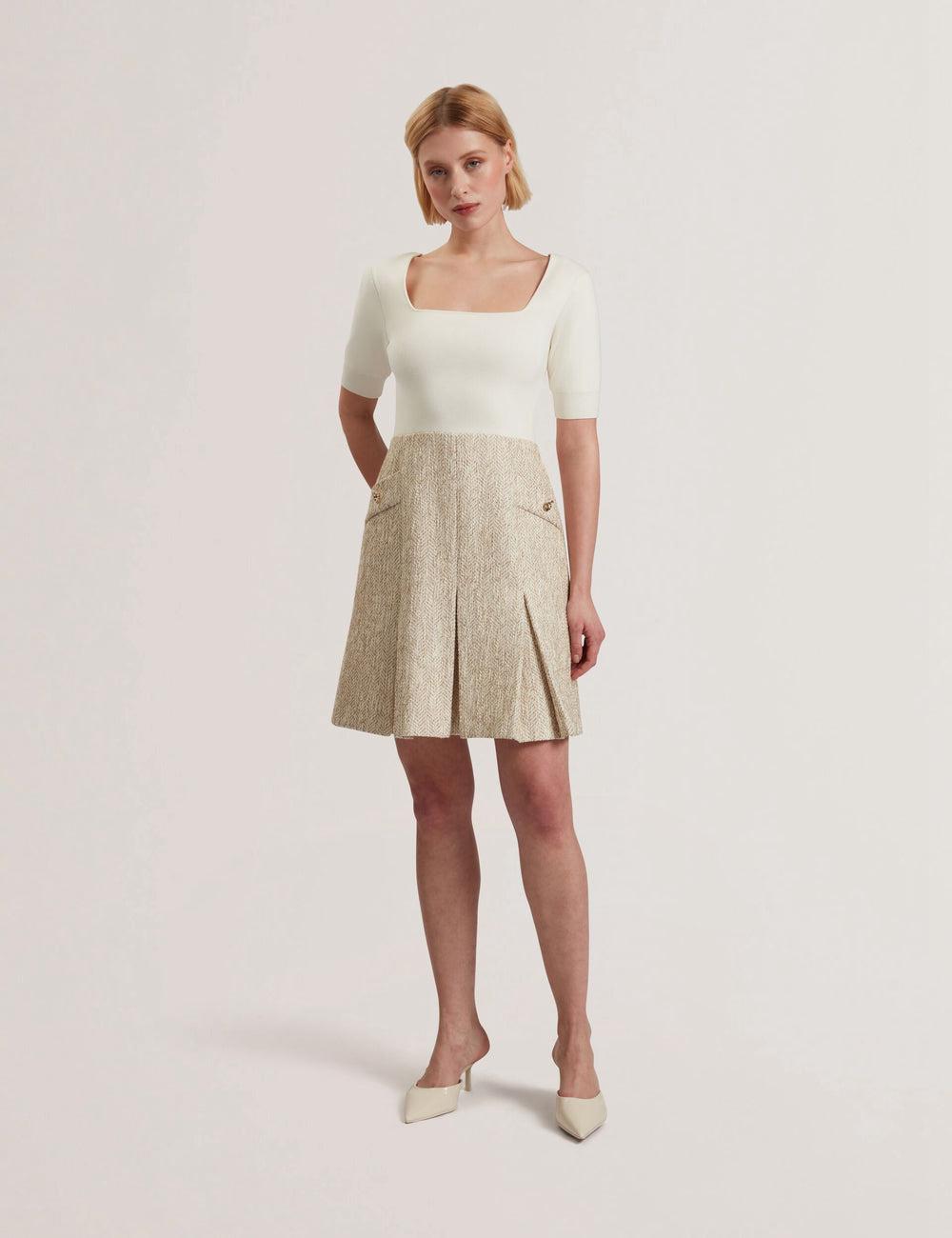 Mini Robe Ted Baker VULPAD - Pleated Boucle With Knit Bodice Femme Ivory | Paris  59826-YILW
