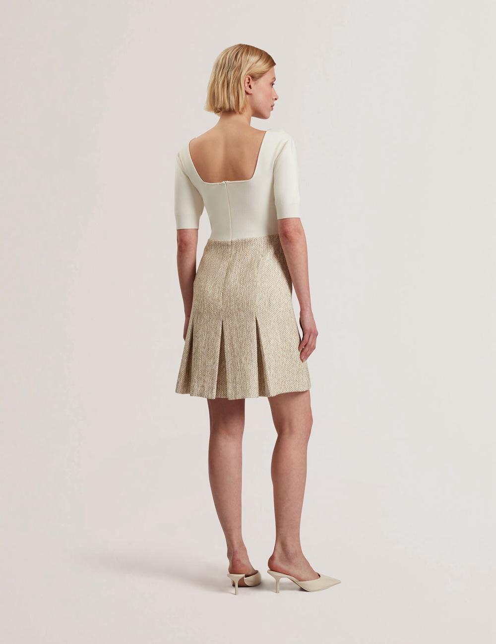 Mini Robe Ted Baker VULPAD - Pleated Boucle With Knit Bodice Femme Ivory | Paris  59826-YILW