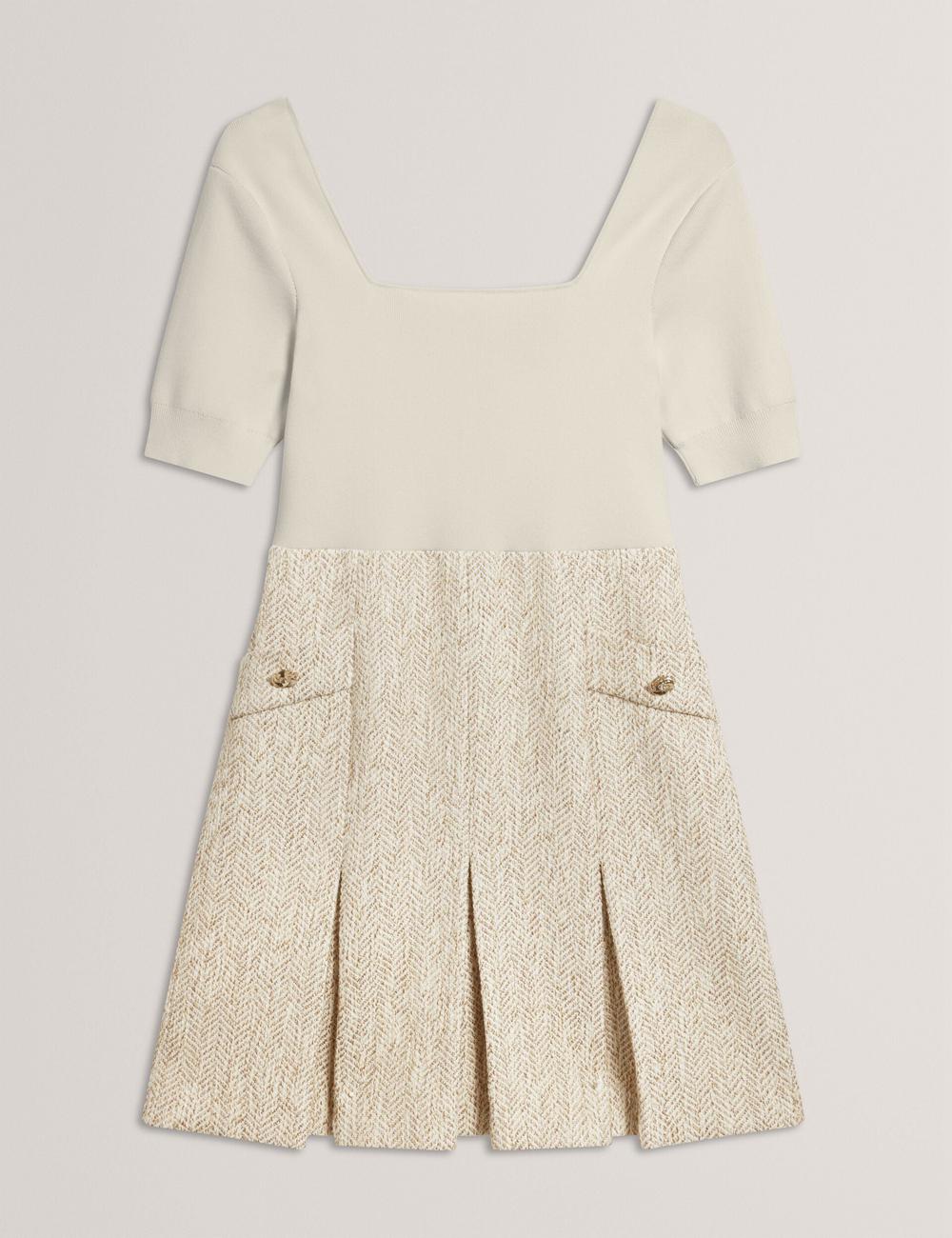 Mini Robe Ted Baker VULPAD - Pleated Boucle With Knit Bodice Femme Ivory | Paris  59826-YILW