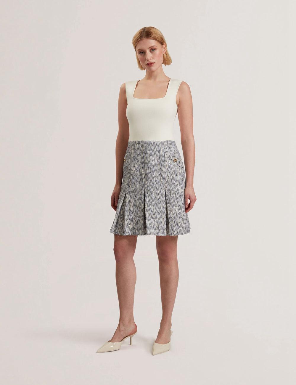 Mini Robe Ted Baker VULPAM - Sleeveless Knit Bodice Boucle Femme Bleu | Paris  53867-JBRQ